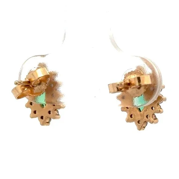 Estate 14k Yellow Gold Marquise Cut Emerald Diamond Halo Flower Stud Earrings